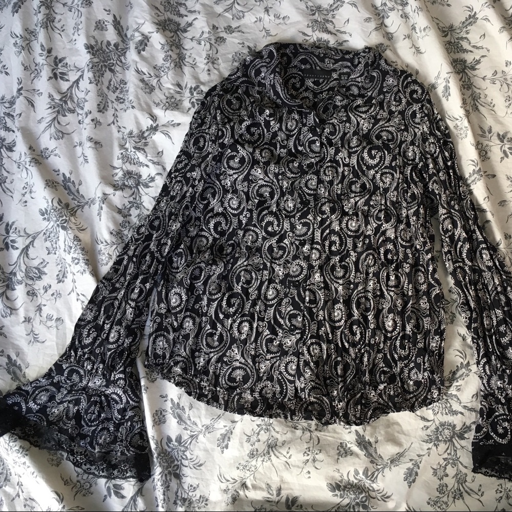 Black Floral Pattern Button Up Blouse - image 1